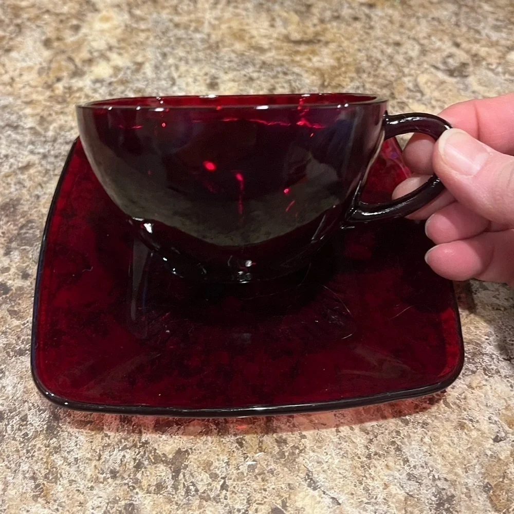 Anchor Hocking Royal Ruby Red Charm Square Tea Cup and Saucer Vintage